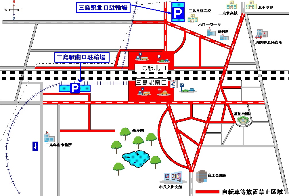 三島駅周辺駐輪場・放置禁止区域案内図