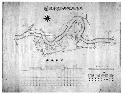 「北沢川改修工事平面図」（画面右側が北/ 原明博氏蔵）